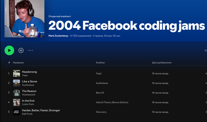 скриншот / Mark Zuckerberg / Spotify