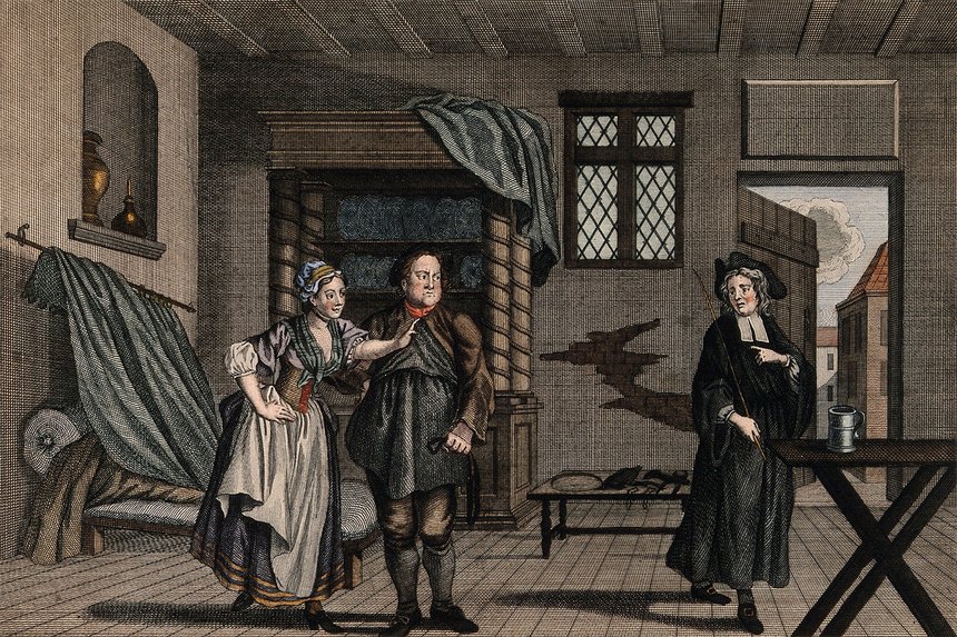 Раскрашенная гравюра Л. Труши по Ф. Хейману. Человек оккультного знания приходит в дом сапожника и его жены: сапожник оскорбляет его, жена защищает его. 1743 год