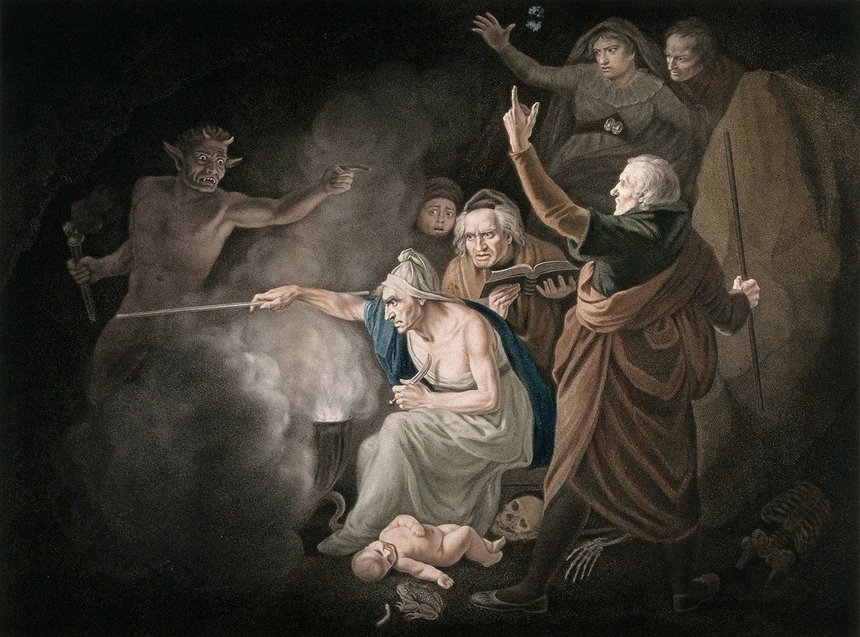 Эпизод в «Короле Генрихе VI», часть II: Маржери Джордейн и другие вызывают дьявольский дух в надежде открыть Хамфри, герцогу Глостеру, результаты конкурирующих претензий на английскую корону. Цветная пунктирная печать К. Г. Плейтера и Р. Тью по мотивам Дж. Опи. 1796 год